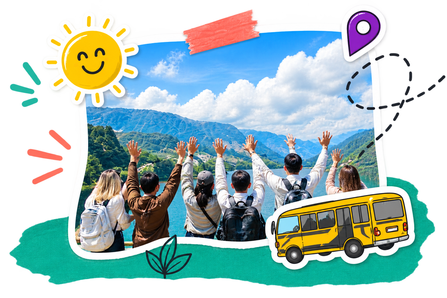 Kolase perjalanan dengan matahari, pin lokasi, foto rombongan, rute, dan bus